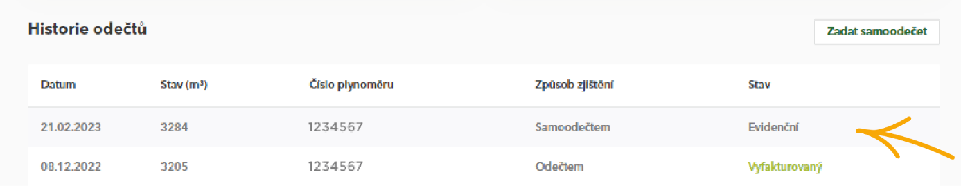 Stavy po zadání samoodečtu na portálu Moje MND 