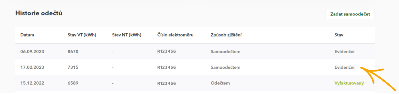 Stavy po zadání samoodečtu na portálu Moje MND elektřina